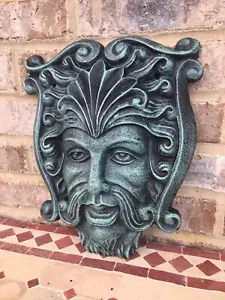 Large Cast Iron Celtic Man Face Plaque Gothic Medieval Rustic Weathered Wall - Picture 1 of 5