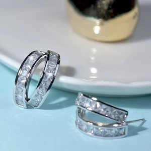18k white gold made with SWAROVSKI crystal earrings curved cuff 925 silver stud - Picture 1 of 12
