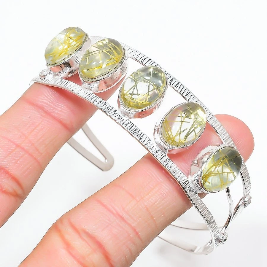 Rutilated Quartz Gemstone Handmade 925 Sterling Silver Adjustable Cuff Bracelet - Image 1 of 1