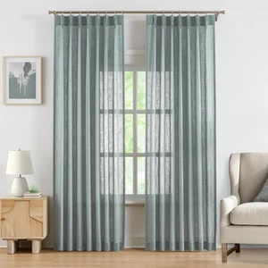 Mineral Green Bailey Pinch Pleated Semi Sheer Curtains 90 Inches Long,Linen T... - Picture 1 of 7