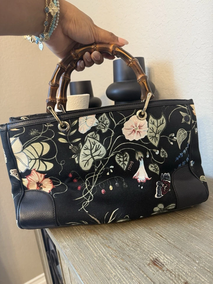 Gucci Black Flora Bamboo Shopper Handbag Kris Knight Medium Canvas Leather 2 Way - Image 1 of 4