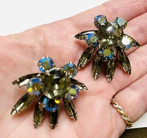 Vintage Runway Smokey AB Rhinestone Clip On Earrings - Picture 1 of 6