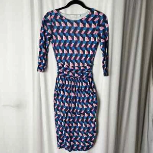 Boden Blue Pink White 3/4 Sleeve Geometric Print Day Dress Size 2 - Picture 1 of 5