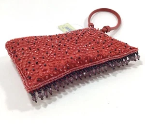 FOSSIL Vintage Red Satin Crystal Beaded Leather Silver-tone Wristlet Purse Bag - Picture 1 of 7