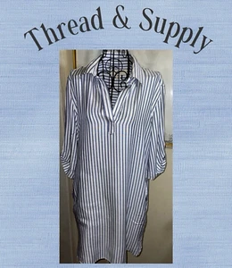 THREAD & SUPPLY Blue/White Pinstriped Shirt Dress-Roll Tab Sleeves-Pockets-Small - Picture 1 of 6