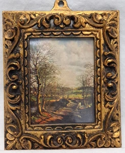 Vintage Mini-Gemälde Harz Gold Vergoldet Rahmen Landschaft Kunst Brücke Fluss Bäume 5x4" - Bild 1 von 6