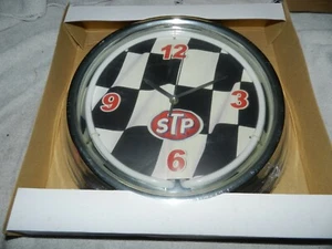 NOS STP CHECKERED FLAG Background  BLUE Neon Clock Model MG20250 - Picture 1 of 5