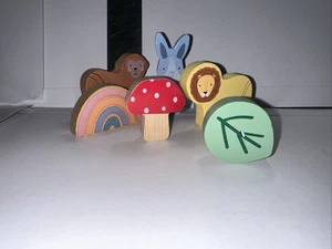 Six Little Town Wooden Animals Bundle: Monkey, Rabbit, Lion, Leaf And Rainbow - Picture 1 of 2