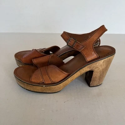 VTG 70s Leather And Wood Platform Heel Sandals Women’s 7.5/8 Reddish Brown - Image 1 of 4