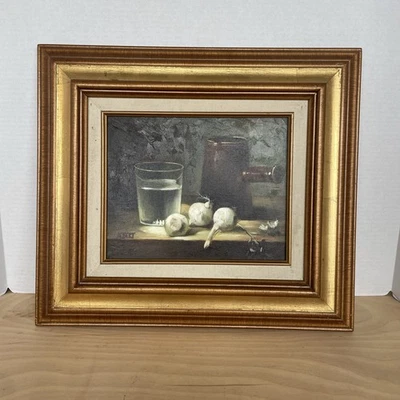 Pintura al óleo original de bodegón sobre lienzo ajo y maceta firmada enmarcada de colección Foto 1 de 4