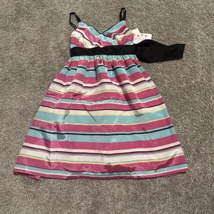 Pippa & Julie Magenta Blue Yellow Striped Size 7 Bow Dress - Picture 1 of 6