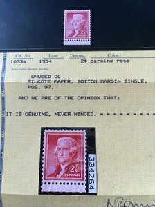 1954 US 1033a OG NH 2c JEFFERSON SILKOTE CARMINE ROSE MARGIN 2 CENT STAMP + CERT - Picture 1 of 10