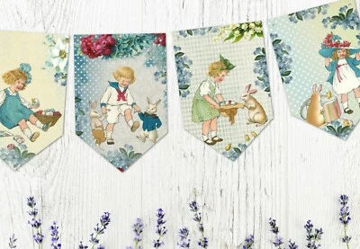 Bunting y cinta floral azul vintage estilo victoriano para niños caza huevos de Pascua Foto 1 de 3