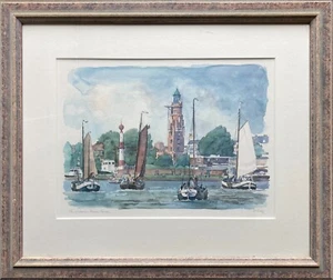 Aquarell 1987 Maritim Leuchtturm Bremerhaven mit Segelboote Schiffe Hafen - Bild 1 von 9
