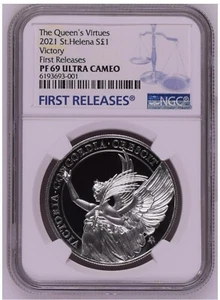 NGC PF69 FR 2021 U.K St. Helena The Queen's Virtues Victory 1oz Silver Coin - Picture 1 of 2