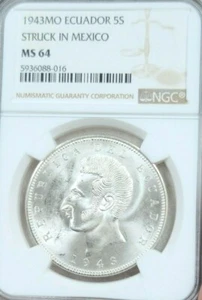 1943 Mo ECUADOR SILVER 5 SUCRES STRUCK IN MEXICO NGC MS 64 BRIGHT BU LUSTER - Picture 1 of 5