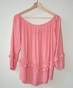 Ex Peacocks Coral 3/4 Puff Sleeve Ruffle Trim Off Shoulder Summer Top Size 10-20 - Picture 1 of 10
