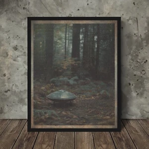 Vintage ALIEN UFO FOREST Wall Art, Retro Scary Sci-fi Horror Halloween UAP Decor - Picture 1 of 18