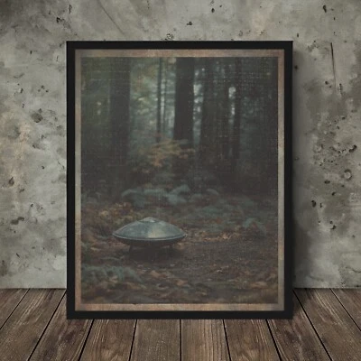 Vintage UFO Alien FOREST Wall Art, Cryptid Halloween Decor, Sci-fi Nature Poster - Image 1 of 4