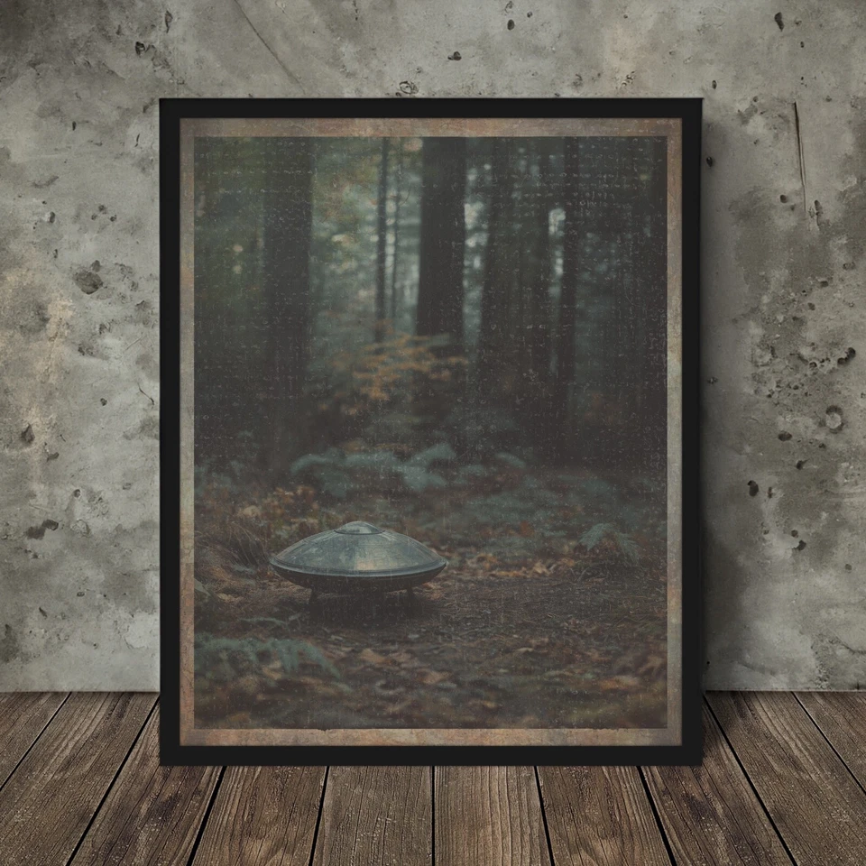 Vintage UFO Alien FOREST Wall Art, Cryptid Halloween Decor, Sci-fi Nature Poster - Image 1 of 4