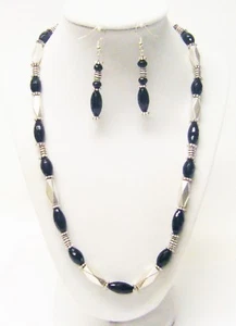 Black Onyx Faceted Oval Glass Bead Necklace & Earrings Set - Picture 1 of 7