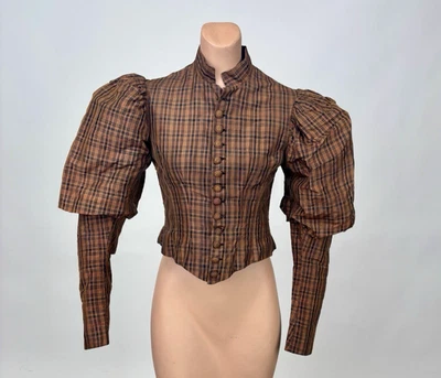 Antigua Chaqueta Victoriana 1890 Corpiño Pierna de Cordero Manga Marrón Negro Cuadros Seda Foto 1 de 4