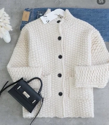 Zara High Neck Knit Coat Ecru Size S Ref 9598:245 £79:99 - Image 1 of 4