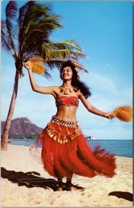 Escena de playa vintage de HONOLULU, Hawaiana postal "Bailarina tahitiana en Waikiki" - Imagen 1 de 2