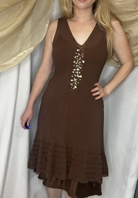 Vintage Y2K Nine West Silk Slip Dress Midi Brown Fairy Sequins Sz 8 Whimsigoth - Image 1 of 4