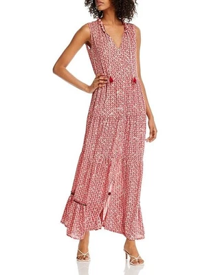 Maxi Vestido Poupette St. Barth Clara Rojo Floral Borla Larga Pom Pom Talla Grande Foto 1 de 4