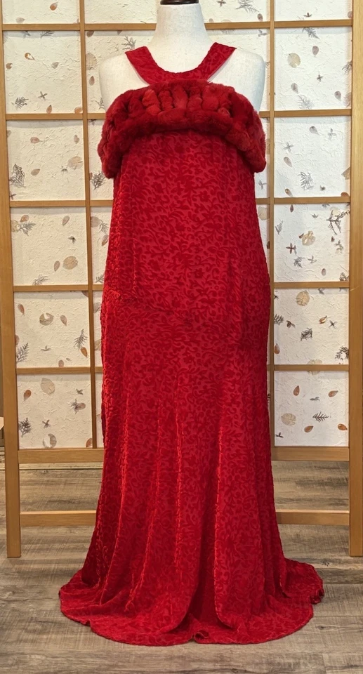 Vestido Bordello Elegante Disfraz de Teatro Terciopelo Borde de Piel Burnout Maxi Talla M/L Foto 1 de 4