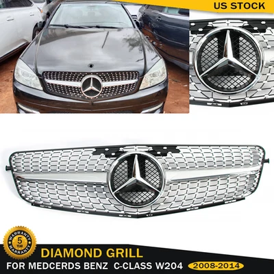 Chrome Grille Grill For Mercedes Benz W204 C250 C300 C350 2008-2014 W/Emblem - Image 1 of 4