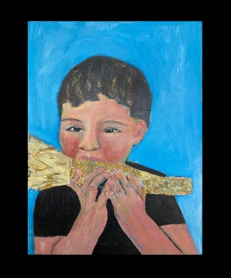 Original Acrylic Painting Boy Child Corn on the Cob 9x12 Summer Picnic Wall Art - Image 1 of 4