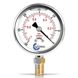 2-1/2" Vacuum Pressure Gauge, S.S Case, Liquid Filled, Brass Lower Mnt -30 Hg/0  - Picture 1 of 6