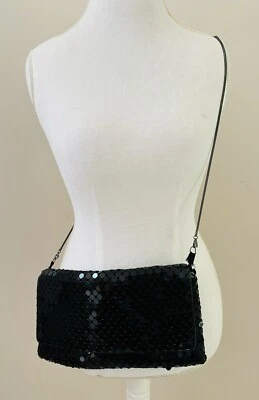 BCBGMAXAZRIA Sequin Clutch Swing Bag Party Fashion Chic Glam Black High Quality - Image 1 of 4
