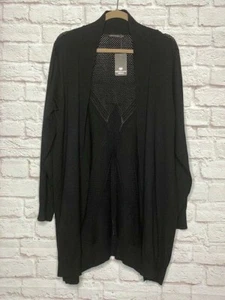 2X/3X New Jet Black Crocheted Lightweight Long Cardigan Sweater Jacket - Picture 1 of 12