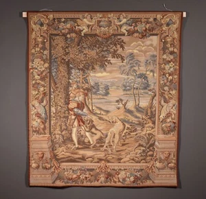 Large 53" Tall Vintage French Wool Hanging Tapestry of Two Men Hunting w/Dogs - Imagen 1 de 12