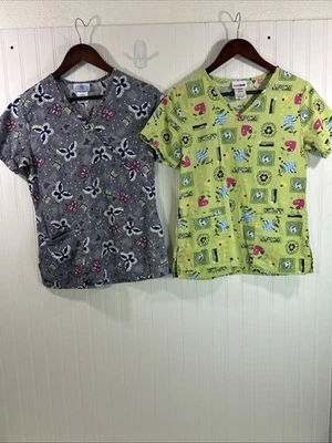 2 Scrub Tops Women XS 100% Cotton Butterfly Heart Earth Patterns Short Sleeves - Image 1 of 4