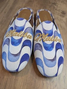 Aquazzura Canvas Malibu Blue & Gold Mules, 8.5/38.5 New With Dust Bag - Picture 1 of 8