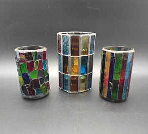 VTG Set of 3 Rainbow Stained Glass Mosaic Tile Votive Tea Light Candle Holder - Picture 1 of 19