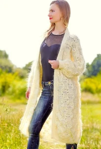 Мohair sweater cardigan unique fuzzy coatigan maxi wrap morning gown SuperTanya - Picture 1 of 9