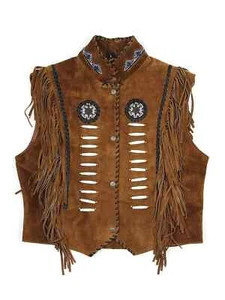 Men's Western Brown Cowboy Suede Leather Vest Native American Beaded Fringe Vest - Picture 1 of 6