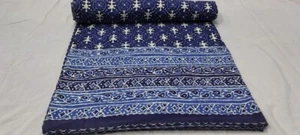 Indian Hand Block Indigo Queen Size Cotton Kantha Quilt Throw Blanket Bedspread - Picture 1 of 7