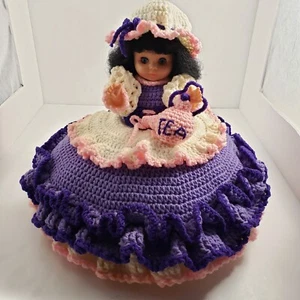 Vintage Crochet Bed Pillow Doll 13" Polly Put The Kettle On Purple Pink Kettle - Picture 1 of 5