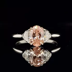 Fancy Vivid Oval Pink Diamond Lab Grown Ring W 2 Half Moons In Platinum - Picture 1 of 7