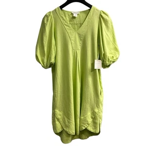 Cynthia Rowley Dress Womens S Green Linen Blend Puff Sleeve Midi Beachy Coastal - Picture 1 of 9