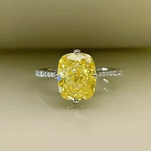 3Ct Cushion Cut Lab Created Yellow Diamond Engagement Ring 14k White Gold Plated - Picture 1 of 5