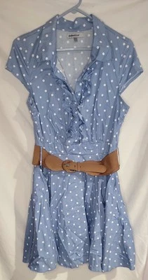 BAILEY BLUE Dress Womens XL Sexy V Neck Ruffle Front Button Dwn Blue White Polka - Image 1 of 4