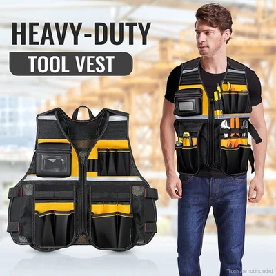 Tool Vest w/ Pockets Carpenter Organizer Breathable Adjustable Reflective Stripe - image 1 of 4