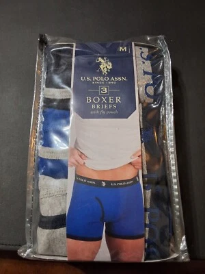 美国 Polo Assn 3 件装平角内裤 M 带 FLY POUCH、海军蓝、灰色新品 — 第 1/2 张图片